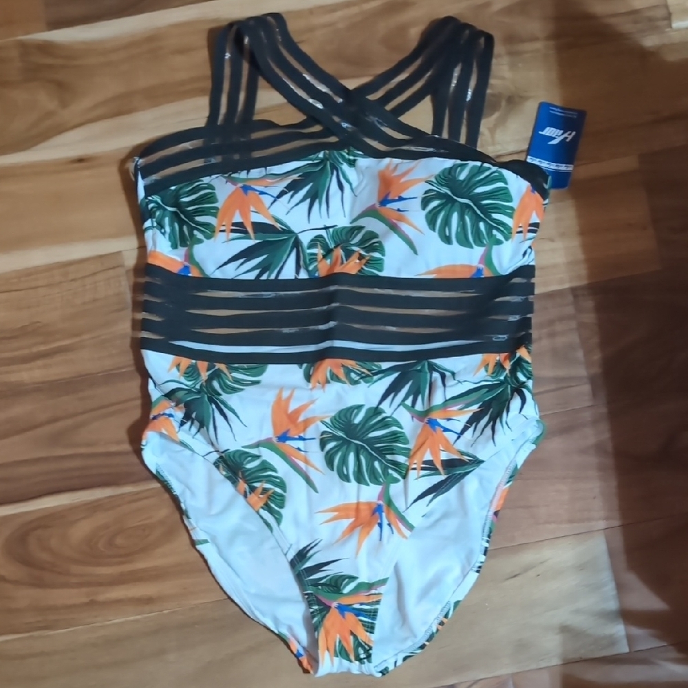 Tropical Green and Orange One Piece Swimsuit with Strappy Design